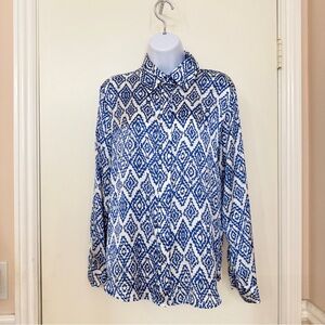 ZARA TOP WOMEN'S PRINTED SATIN SHIRT, Blue White Geometric, Long Sleeve, Size S